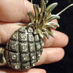 Silver and Gold Rhimestone Pineapple Pendant Necklace.20 In Long